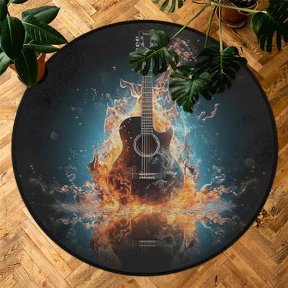 Electric Guitar Music Round Area Rug 3Ft Fire Guitar Circle Floor Mat - color: Guitar, size: 3 ft
