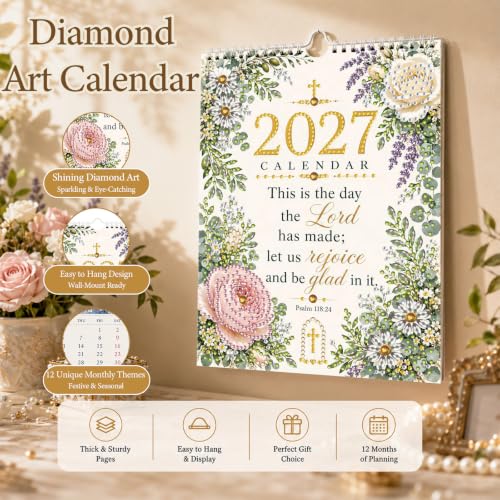 2027 Diamond Art Wall Calendar for Adults Beginners 12 Monthly Holiday Themes 8.9" x 6.7" Hanging Loop DIY Craft Wall Calendars with Notes Section for Home Office Planning-Inspirational quotes - color: Inspirational quotes