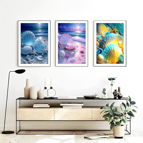 OFRKE Diamond Painting Kits for Adults,3 Pack Beach Shells Diamond Art for Beginners, Diamond Round 5D Full Drill Paint with Diamonds Pictures Gem Art Painting Kits DIY Crafts Kits 12x16inch - color: 3pcs-Shell