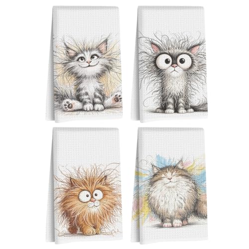 Jztco 4 Pcs Cute Cat Kitchen Towels, Funny Cats Gifts Hand Tea Towel - color: Multi 1562