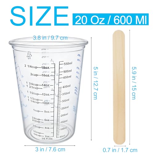 50 Pack Epoxy Mixing Cups 20 oz (600 ml) | Disposable Measuring Cups with 50 Wooden Stir Sticks, Measurement Ratios: 1:1, 2:1, 3:1, 4:1 for Resin, Liquid and Paint