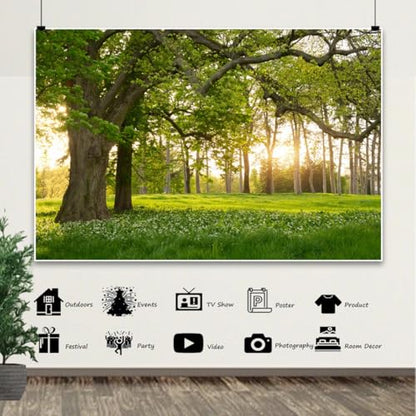 Tree Backdrop Garden Greenery Forest Green Spring Nature 8x6ft | Blooming Flower Field Grassland Sunlight Rural Scenery Photography Background Outdoor Camping Picnic Party Room Travel Decor - size: 8x6ft-polyester