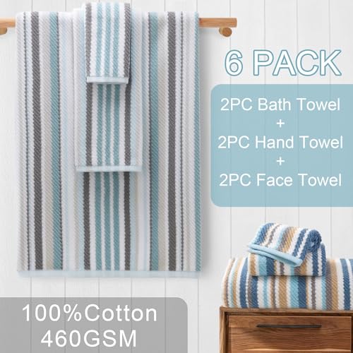 VOOVA & MOVAS Striped Towels 6 Pack, 100% Cotton, Aqua - color: Gray + Aqua Striped, size: 6 PCS Bathroom Towels