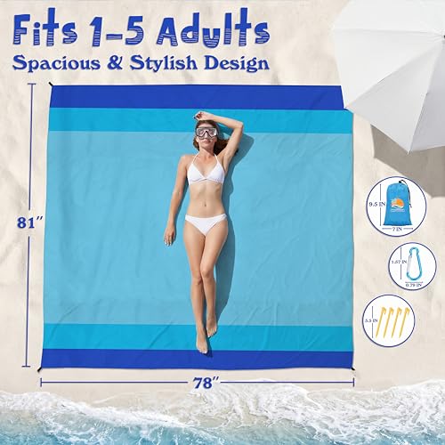 Aroveea Beach Blanket Waterproof Sandproof 78''X81''/10'X9' Oversized Mat - color: Blue, size: 78''x81''