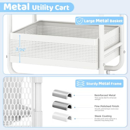 Metal Rolling Storage Cart with 3 Drawers - Utility Cart on Wheels with Pegboard & Wood Tabletop, Multifunctional Trolley Organizer with Hooks & Bin for Living Room,Bedroom,Craft Room,Office,Kids Room - color: Whtie