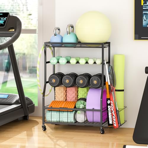 Home Gym Storage Rack, Dumbbell Rack with Yoga Mat Storage, Weight Rack Stand with Lockable Wheels and Hooks, Home Workout Equipment Organizer for Yoga, Dumbbell, Kettlebells, Ball Storage - size: Large
