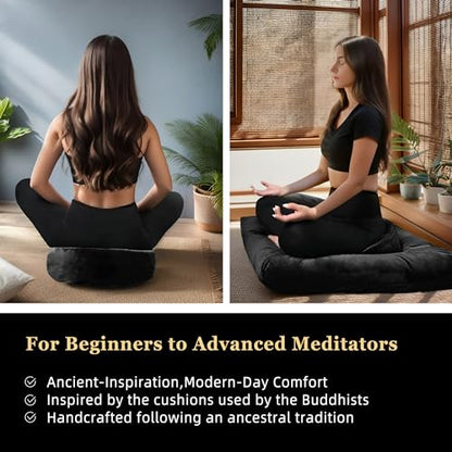 Meditation Cushion Set Zafu & Zabuton – Buckwheat Hull & Memory Foam, Adjustable Floor Pillow for Yoga, Meditation & Sitting, Removable Velvet Cover (Classic Black) - color: Classic Black