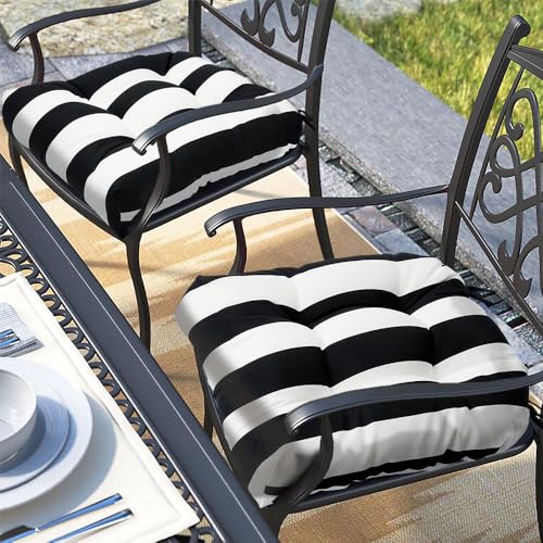 Magpie Fabrics Outdoor/Indoor Tufted Seat Cushion with Ties Set of 2, 19"x19" Waterproof Patio Chair Pads Tatami Floor Pillow for Room Garden Balcony Office Decor(Black White) - color: Black White