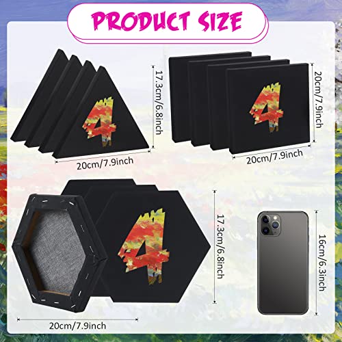 Epakh 12 Pcs Black Canvas for Painting Stretched Canvas Cotton Square Triangle Hexagon Blank Boards Panels Art with Frame Panel Stretched Boards for Oil Acrylic(8 Inch) - size: 8 Inch
