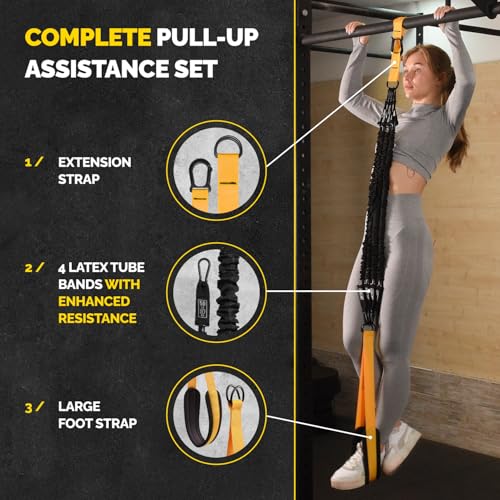 Pull Up Assistance Bands Set with 4 Levels, Adjustable Strap and Foot Rest | 50–200 lb stackable pull-up assistance, nylon-sleeved bands, adjustable support, reduced snap-back risk - color: Yellow