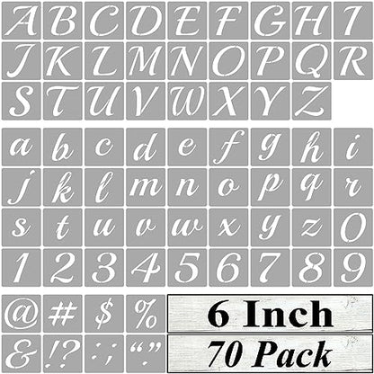 6 Inch Alphabet Letter Stencils for Painting - 70 Pack Letter and Number Stencil Templates with Signs for Painting on Wood, Reusable Cursive Letters Stencils for Chalkboard Wood Signs & Wall Art - size: 6 Inch