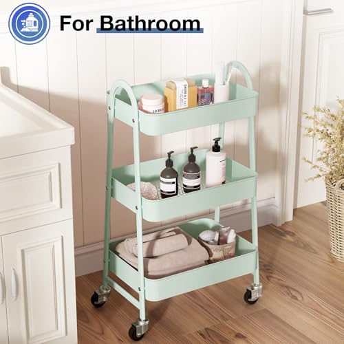 OLIXIS Metal 3 Tiers Rolling Storage Utility Cart with Lockable Wheels - color: Pale Green, size: 3-Tiered 17 inches
