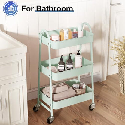 OLIXIS Metal 3 Tiers Rolling Storage Utility Cart with Lockable Wheels - color: Pale Green, size: 3-Tiered 17 inches