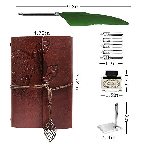 GCCL Quill Pen and Ink Set, Antique Feather Dip Calligraphy Pen Set, including Feather Pen, 5 Replacement Nibs, Pen Nib Base, Notebook, Ink, Gift Box, Best Gifts for Men Dad (Green) - color: Green