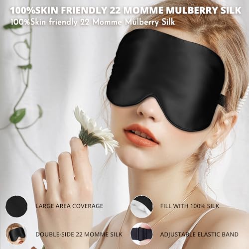 Sleep Mask, 100% 22 Momme Mulberry Silk Eye Mask with Adjustable Strap | Eye Sleeping Mask for Women Men, 100% Mulberry Silk, 22 Momme 6a Fibers, Blackout Blindfold Eye Cover for Side Sleeper(Black) - color: Black 22 Momme