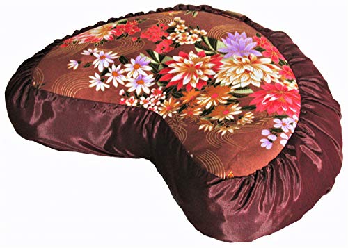 Meditation Cushion Crescent Zafu Pillow Japanese Kimono Silk Dahlia & Daisy - color: Dahlia & Daisy