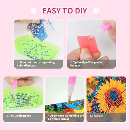 PERFECTSIGHT Cute 5D Diamond Art Kits, Kawaii DIY Painting Art for Adults Teen, 4 Pack Diamond Arts and Crafts Sets, Big Gem Full Drill Diamond Dots for Women (Multicolor Flowers) - style: Multicolor Flowers