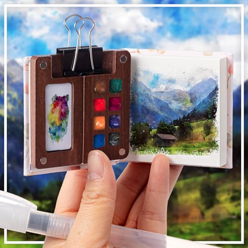 Qilery Mini Portable Watercolor Palette Set Wooden Grid Paint Box Watercolor Paper Sketch Book Brush Pens with Binder Clip for Painters Artist Not Include Paint(Rabbit) - style: Rabbit