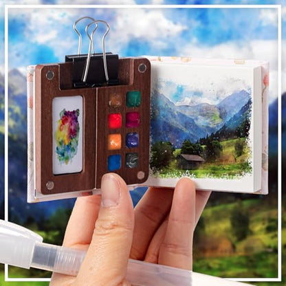 Qilery Mini Portable Watercolor Palette Set Wooden Grid Paint Box Watercolor Paper Sketch Book Brush Pens with Binder Clip for Painters Artist Not Include Paint(Rabbit) - style: Rabbit