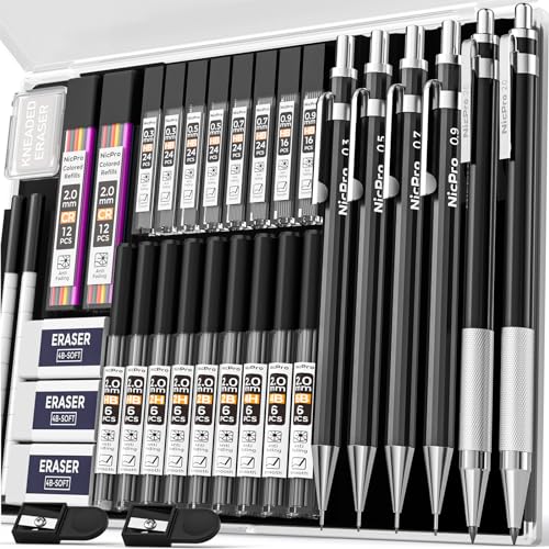 Nicpro 34PCS Black Art Mechanical Pencils Set, Metal Automatic Pencil 0.3, 0.5, 0.7, 0.9 mm & 2PCS 2mm Lead Holder (6B 4B 2B HB 2H 4H Colors) For Sketching Drawing With 19 Tube Lead Refills Case - color: Black 34