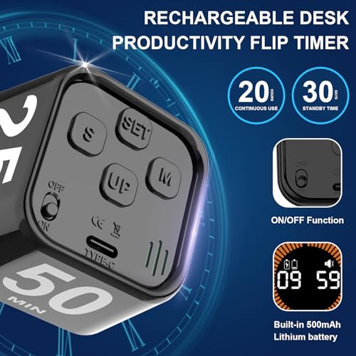 Rotating Cube Visual Pomodoro Timer 5, 25, 10, 50 Min Preset+Custom Mode | Rechargeable Cube Desk Productivity Flip Timer with Custom, Detachable Silicone Case, Ideal for ADHD Tool Study Work School - color: Black