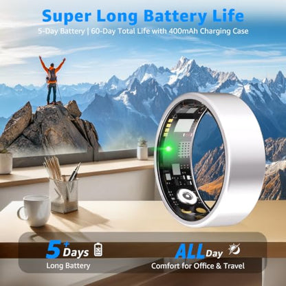 Smart Ring No Subscription, Health Tracker Ring for Women (Silver, 13#) | Tracker Sleep, Blood Oxygen, Heart Rate, SpO2, HRV Stress, Step Counter, IP68 Waterproof, Compatible with iOS & Android - color: Silver, size: 13#