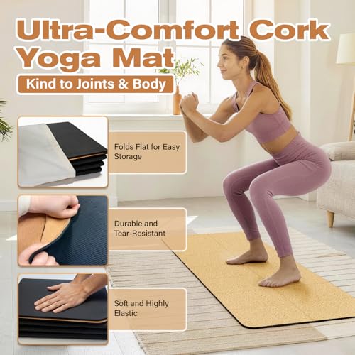 LILXIU Foldable Cork Yoga Mat 72 * 24 in 4 mm Thick Sweat Resistant with Rubber Base Hot Yoga Mat with Storage Bag Lightweight Grip Mats for Travel and Pilates Fitness Home Workouts