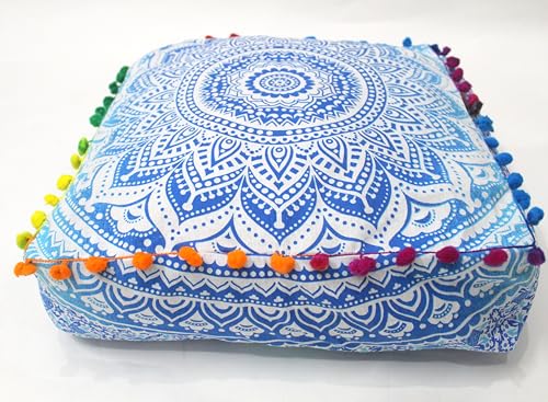 INDIAN CRAFT CASTLE Mandala Mandala Barmeri Large Floor Pillow Cover Cushion Meditation Seating Ottoman Throw Cover Hippie Decorative Zipped Bohemian Pouf Ottoman Cases Blue Ombre 16" Square