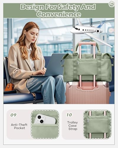 Travel Duffel Bags for Women Mens Waterproof Weekender Carry on Bag Sports Gym Bag Travel Tote Bags with Wet Pocket Overnight Bag Workout Duffel Bags with Trolley Sleeve Grey Green - color: F7-Grey Green