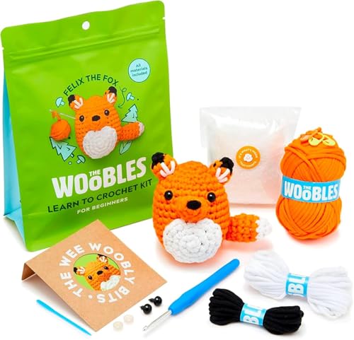 The Woobles Crochet Kit for Beginners (Felix the Fox) | As seen on Shark Tank, Kit includes: Easy Peasy Yarn, pre-started piece, hook, safety eyes, stuffing, video tutorials - color: Felix The Fox