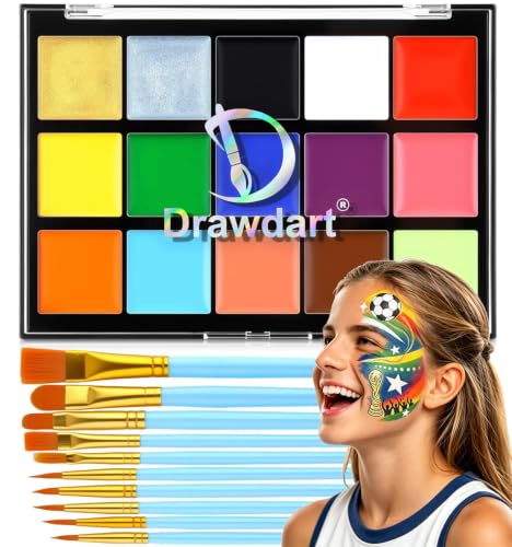 Drawdart Face Body Paint Kit, 15 Colors Palette with 10 Artist Brushes, Facepaint Makeup Kit for Soccer Tournaments & Game Day Fans, Halloween SFX Cosplay Costume Parties - color: 15 Colors