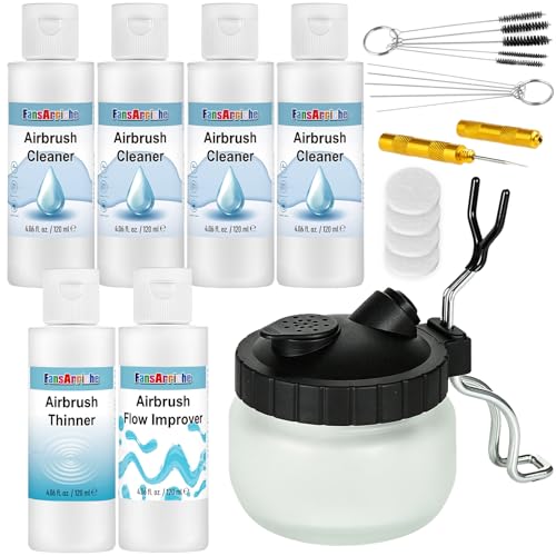 FansArriche Airbrush Cleaning Kit, 4.05 fl oz / 120 ml Each | 4 Airbrush Cleaners, 1 Thinner, 1 Airbrush Flow Improver & Airbrush Cleaning Pot, for Water-Based and Acrylic Paints