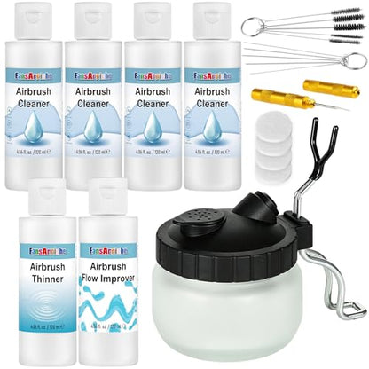 FansArriche Airbrush Cleaning Kit, 4.05 fl oz / 120 ml Each | 4 Airbrush Cleaners, 1 Thinner, 1 Airbrush Flow Improver & Airbrush Cleaning Pot, for Water-Based and Acrylic Paints