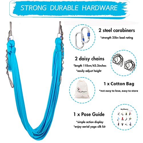 5.5 Yards Aerial Silks Yoga Swing Set - Aerial Yoga Hammock Kit Anti-Gravity Flying for Fitness, Low/Non Stretch Nylon Tricot Fabric Hardware Included for Dance - color: AQUA BLUE