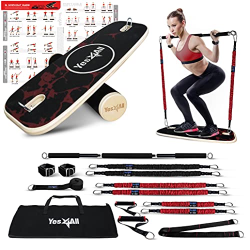 Yes4All Balance Board Sports Trainer, Surf Trainer Board With Adjustable Stoppers, Improve Core Strength and Balance Control - color: H. Combo Portable Home Gym - Black/Red