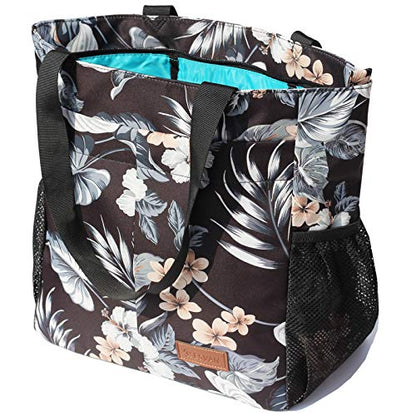 ESVAN Original Floral Tote Bag Large Shoulder Bag with Multi Pockets for Gym Travel Beach Daily Bags - color: C Black Gray Leaf