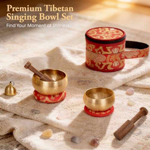 Relaehih 2-Pack Tibetan Singing Bowls Set - 100% Handmade in Nepal, Sound Bowl Meditation Set for Yoga, Chakra Healing, Meditation Gifts, Unique Gifts for Women - color: Red