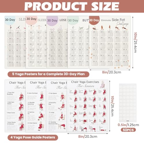 Chair Yoga Poster for Seniors & Beginners – Set of 4 Illustrated Guides & 5 30-Day Challenges Workout Plans, Exercise Charts for Mobility, Balance, Flexibility, Stretching Home Fitness