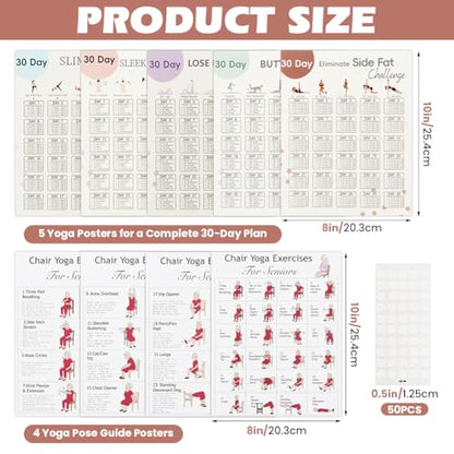 Chair Yoga Poster for Seniors & Beginners – Set of 4 Illustrated Guides & 5 30-Day Challenges Workout Plans, Exercise Charts for Mobility, Balance, Flexibility, Stretching Home Fitness