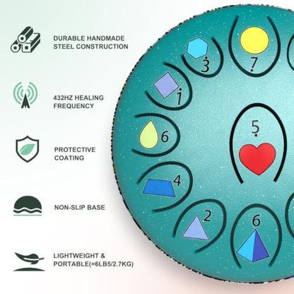 Steel Tongue Drum, Rain Drum for Outside Garden, Waterproof Meditation Rain Chime, UV-Printed Notes & Geometric Design, with Bag, Mallets & Music Book (Malachite Green, 6.5 Inch 13 Notes) - color: Malachite Green