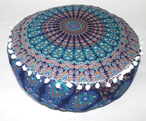 INDIAN CRAFT CASTLE ICC Blue Peacock Mandala Barmeri Large Floor Pillow Cover Cushion Meditation Seating Ottoman Throw Cover Hippie Decorative Zipped Bohemian Pouf Ottoman Cases 16" Round - color: Dark Blue, size: 16"D x 16"W x 5"H
