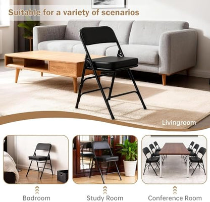 Padded Folding Chair Indoor Metal Foldable Chair Black- 2 Pack | Comfortable Thick Vinyl Cushion Seat Durable Elegant Upholstered Chair for Small Space Home, Office and Events - color: Black-2pcs