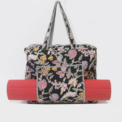 INDIAN CRAFT CASTLE Tote Bag with Yoga Mat Carrier Pocket Carryall Shoulder Bag for Office, Workout, Pilates, Travel, Beach and Gym - color: Black & Pink