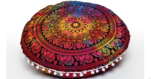CRAFT KALA 32 Inch Meditation Floor Pillow Cover Round Pillow Seating Hippie Decorative Adults Bohemian Mandala Cushion Cover Outdoor Living Room Throw Ottoman Poufs Cover (32", Multi Elephant) - color: Multi Elephant, size: 32"