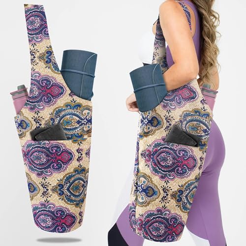 Yoga Mat Bag Yoga Tote Bag with Large Pocket and Zipper Pocket Yoga Mat Bag Carrier Fit Most Size Mats and All You Stuff - color: off white pink blue