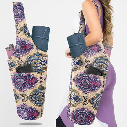 Yoga Mat Bag Yoga Tote Bag with Large Pocket and Zipper Pocket Yoga Mat Bag Carrier Fit Most Size Mats and All You Stuff - color: off white pink blue