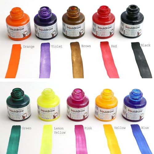 Liquidraw Waterproof Colored Drawing Ink with Dropper | 10 x 1.18 fl oz (35 ml) Bottles | Set of Assorted Colors | India Ink for Calligraphy, Pens & Dip Pens | Ideal for Drawing, Writing & Art Project - style: Set of 10 (Assorted Colours)