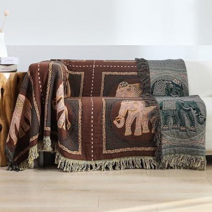 Elephant Pattern Cotton Boho Throw Blanket for Bed with Tassels 90"×98" - color: Brown Elephant, size: 90"x98"