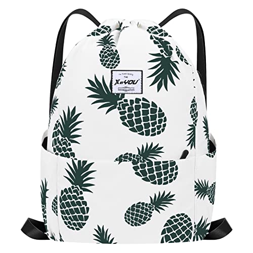 XEYOU Drawstring Backpack Bag Sport Gym Sackpack Beach Cinch Bag | Lightweight Swimming Bag, Water-Resistant Fabric, Travel Daypack for Women and Men - color: Beige Pineapples Pattern