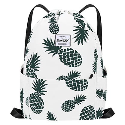 XEYOU Drawstring Backpack Bag Sport Gym Sackpack Beach Cinch Bag | Lightweight Swimming Bag, Water-Resistant Fabric, Travel Daypack for Women and Men - color: Beige Pineapples Pattern